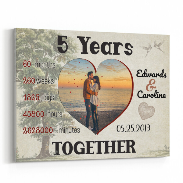 5 Years Together Heart-Shaped Custom Photo Canvas Print