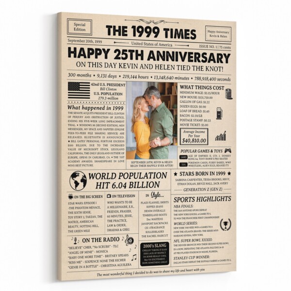 Happy 25th Wedding Anniversary Custom Photo Newspaper Canvas Print