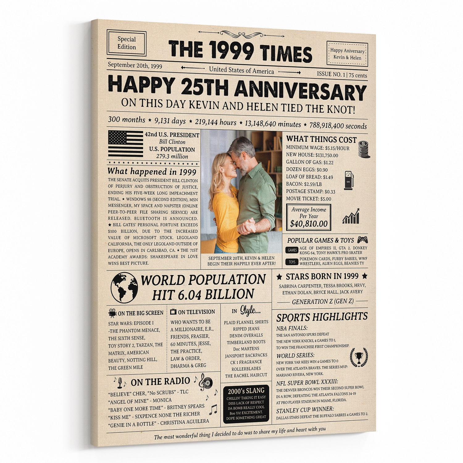 Happy 25th Wedding Anniversary Custom Photo Newspaper Canvas Print