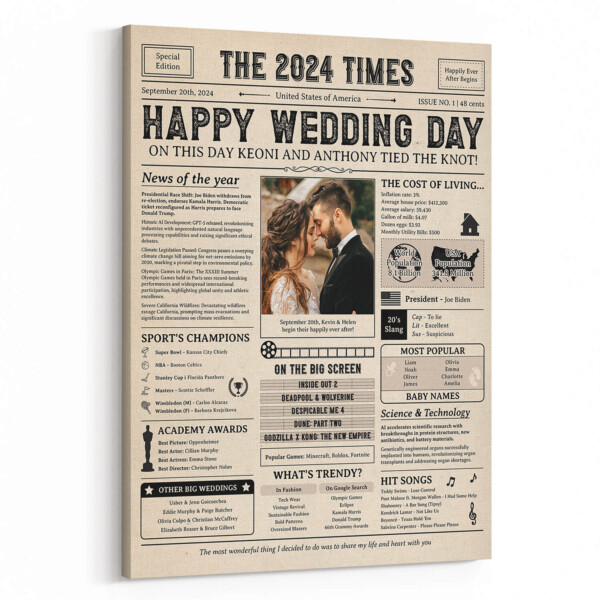 Happy Wedding Day 2024 Custom Photo Newspaper Canvas Print
