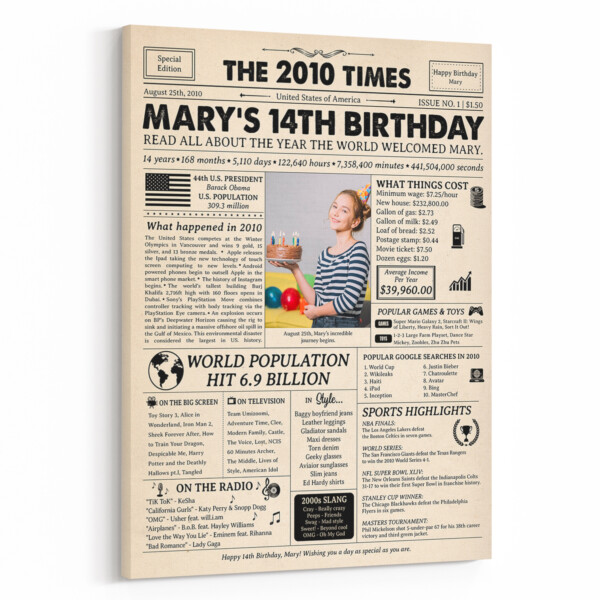 14th Birthday Gift: 2010 Birthday Newspaper Canvas