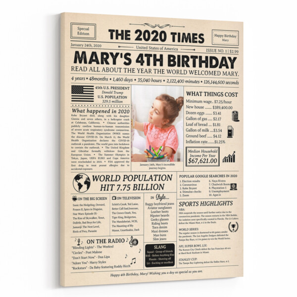 4th Birthday Gift for Kid: 2020 Birthday Newspaper Canvas