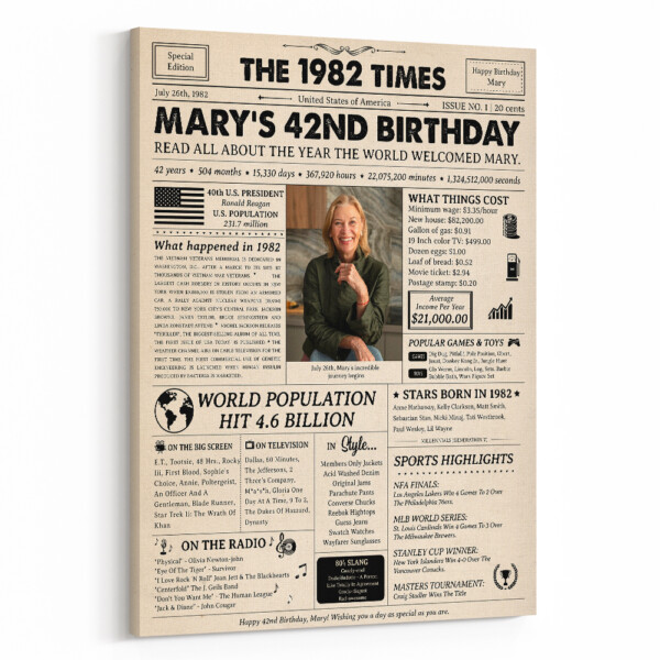 42 Years Birthday Custom Photo Newspaper Canvas Print