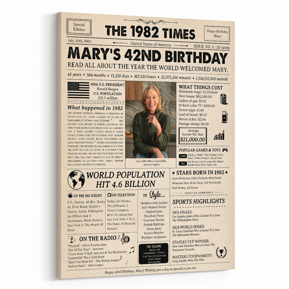 42 Years Birthday Custom Photo Newspaper Canvas Print