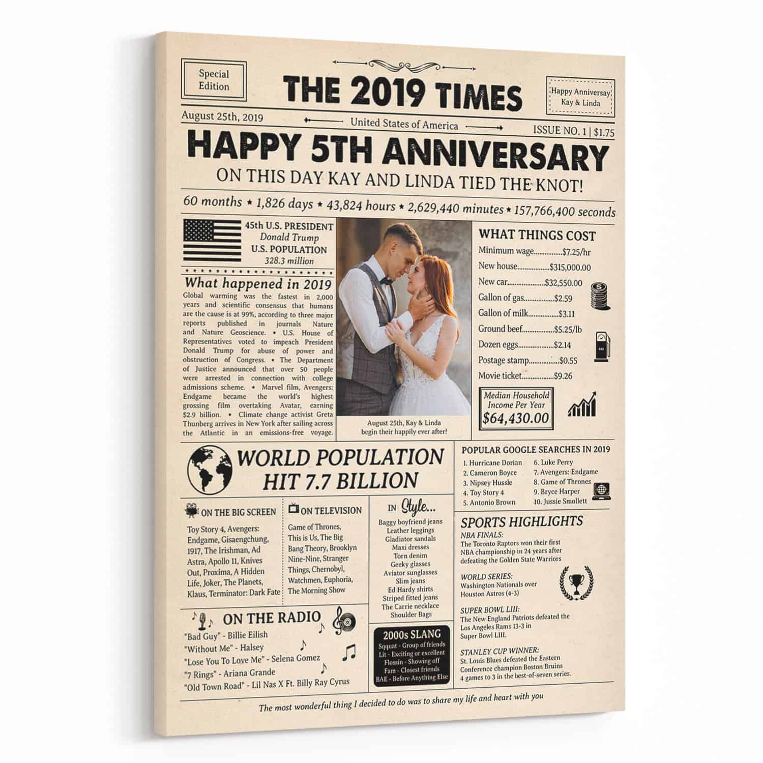 Happy 5th Wedding Anniversary Custom Photo Newspaper Canvas Print