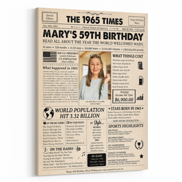 59th Birthday Gift: 1965 Birthday Newspaper Canvas