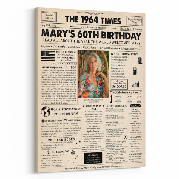 60th Birthday Gift: 1964 Birthday Newspaper Canvas