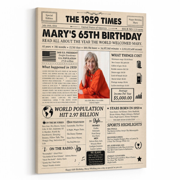 65th Birthday Gift: 1959 Birthday Newspaper Canvas