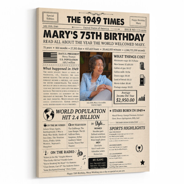 75th Birthday Gift: 1949 Birthday Newspaper Canvas