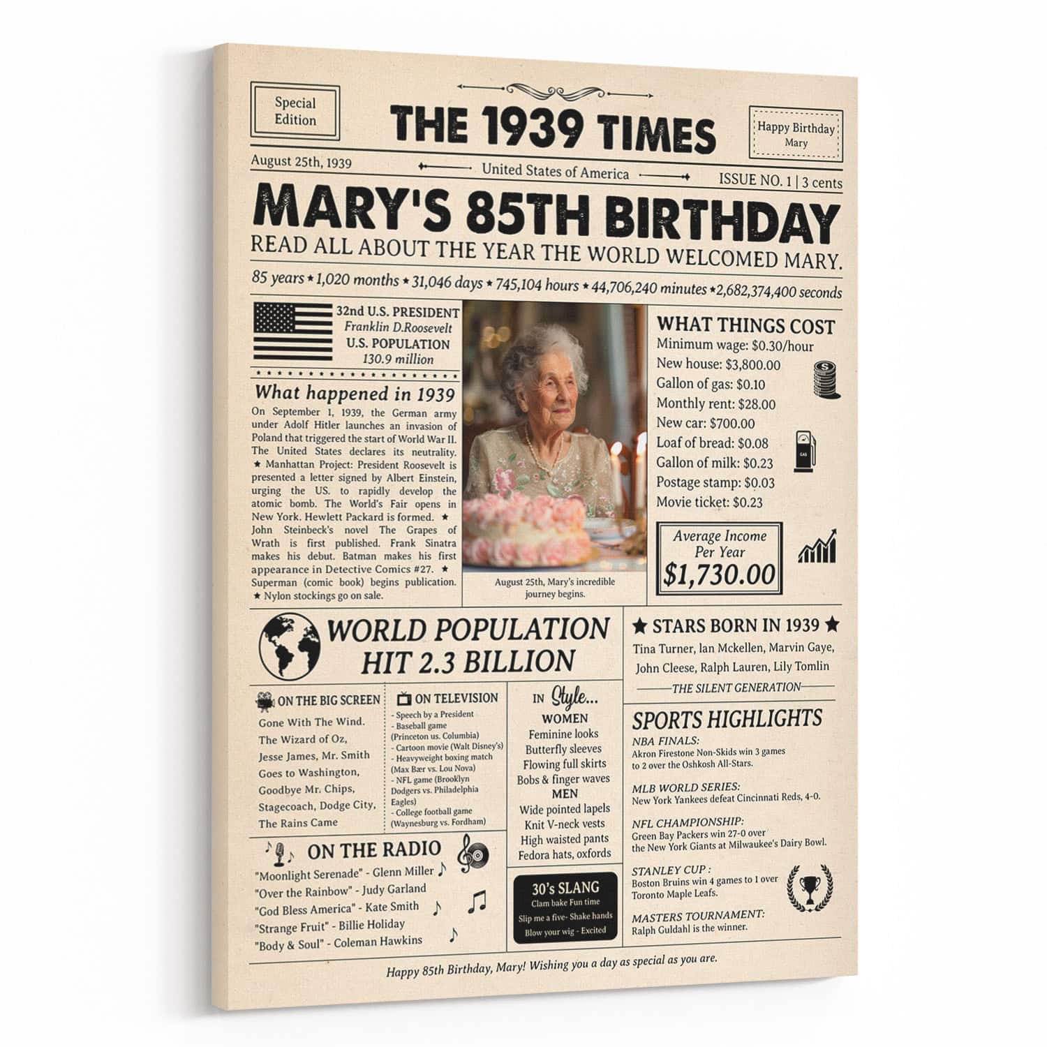 85th Birthday Gift: 1939 Birthday Newspaper Canvas