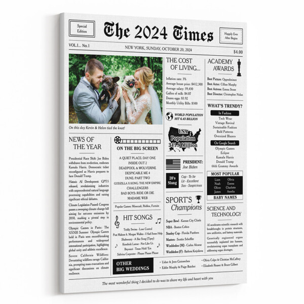 Custom Photo Newspaper Gift Canvas Print - Happy Wedding Day 2024