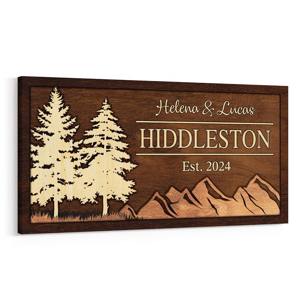 Personalized Family Name Mountain Pine Trees Canvas Sign