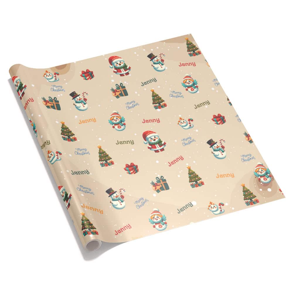 Personalized Little Girl Beige Snowmen Christmas Wrapping Paper 365Canvas