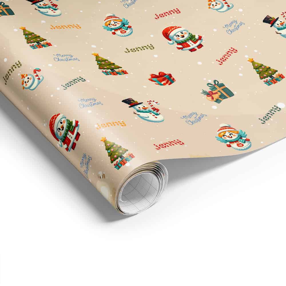 Personalized Little Girl Beige Snowmen Christmas Wrapping Paper 365Canvas