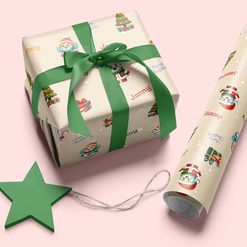 Personalized Little Girl Beige Snowmen Christmas Wrapping Paper 365Canvas