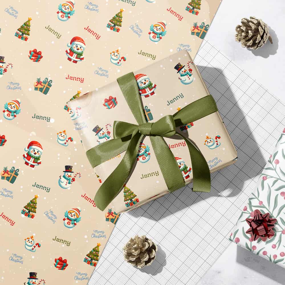 Personalized Little Girl Beige Snowmen Christmas Wrapping Paper 365Canvas