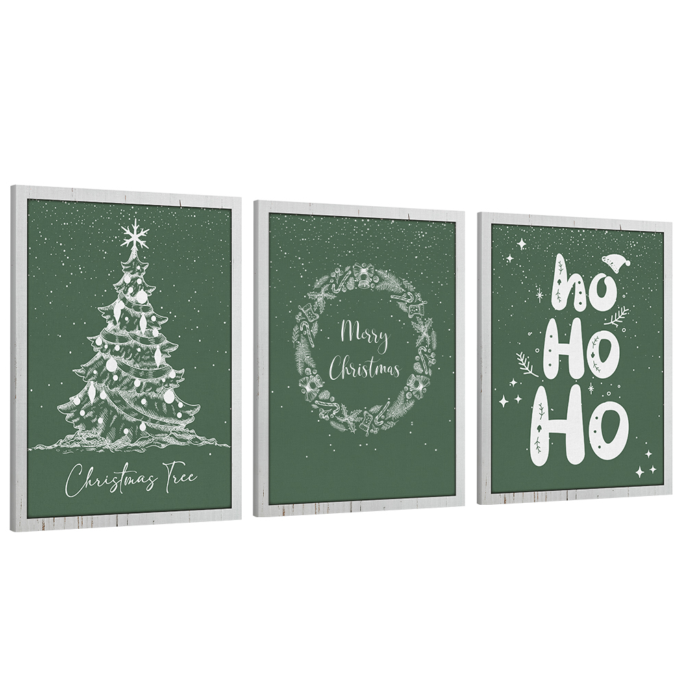 3pcs Green Christmas Wall Art Set – Tree, Wreath, and Ho Ho Ho Canvas