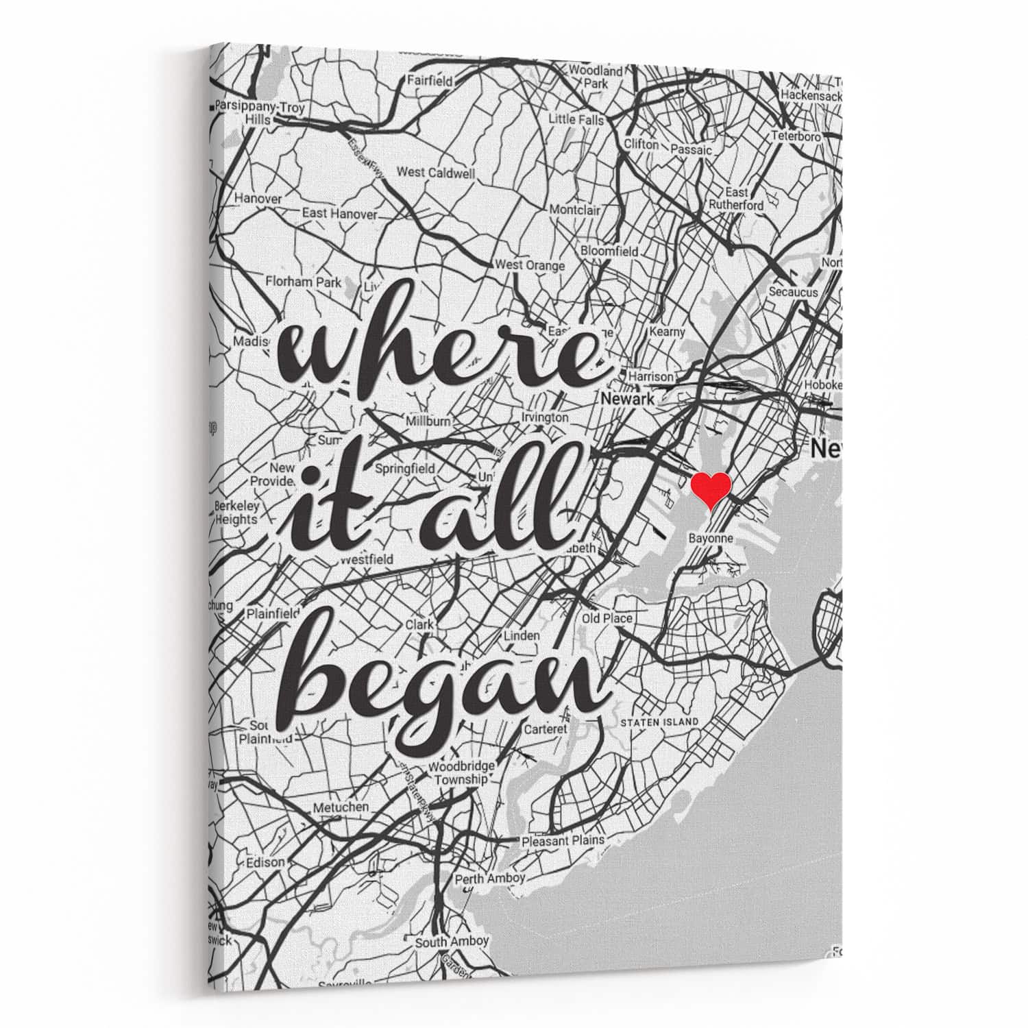 “Where It All Began” Personalized Map Canvas Print (Vertical)