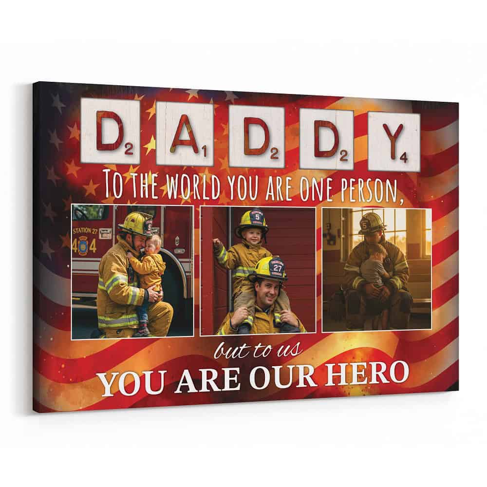 Personalized Firefighter Dad Canvas – 3 Photo Hero Gift for Father’s Day
