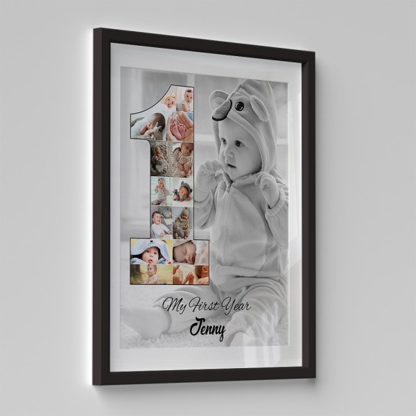 “My First Year” Number Collage Framed Print with Baby Photos and Name