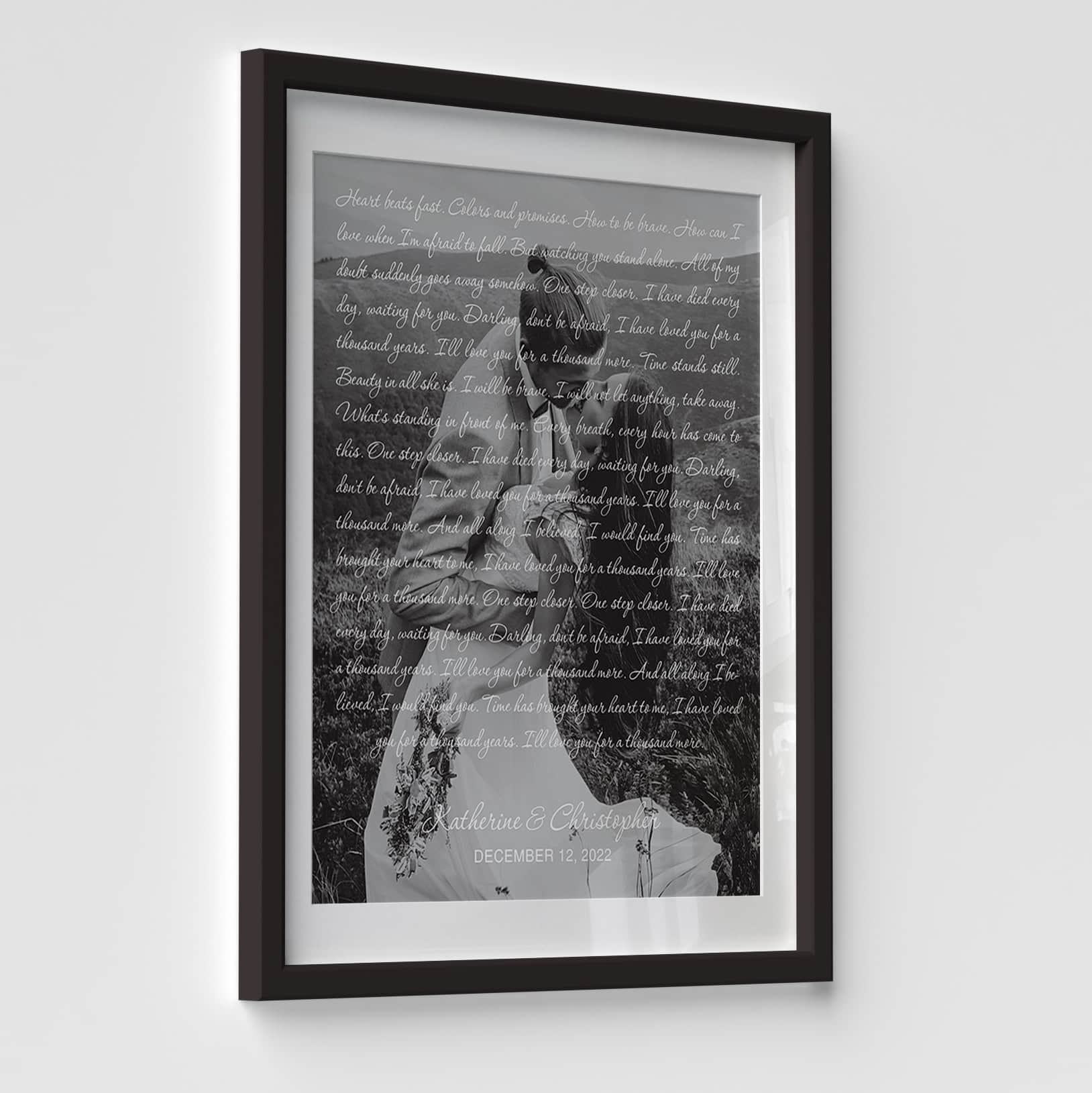 Custom Wedding Song Lyrics Black and White Photo Framed Print