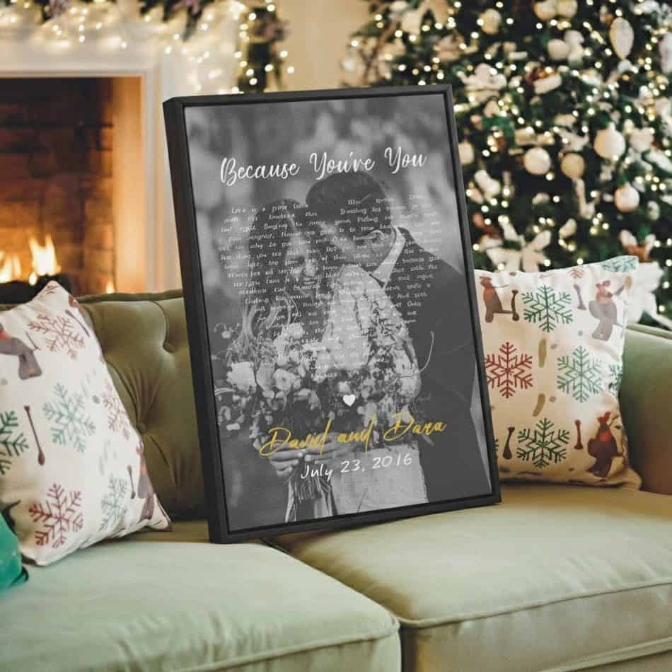 Heart-Shaped B&W Song Lyrics on Photo Canvas - Vertical