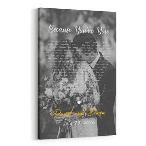 Heart-Shaped B&W Song Lyrics on Photo Canvas - Vertical
